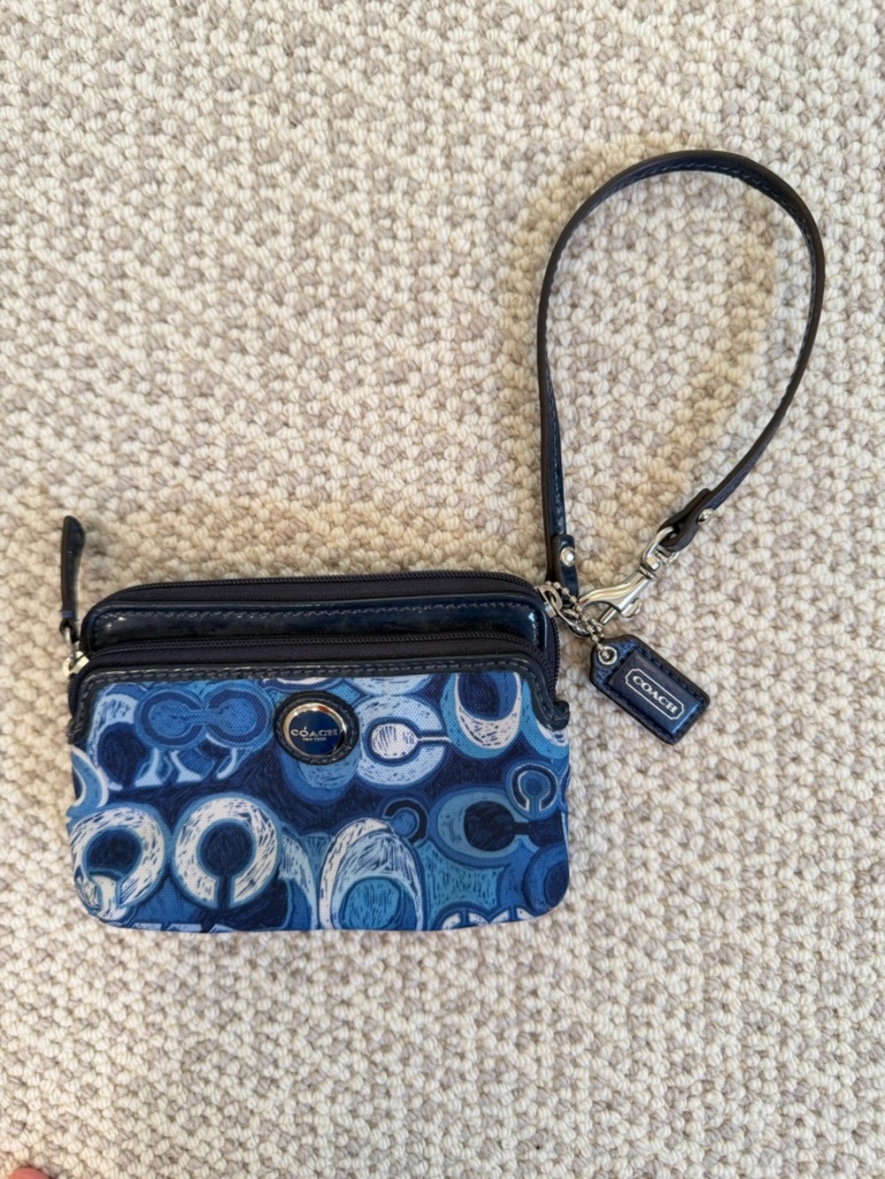 Coach Blue Signature Print Double Zip Wristlet Wallet